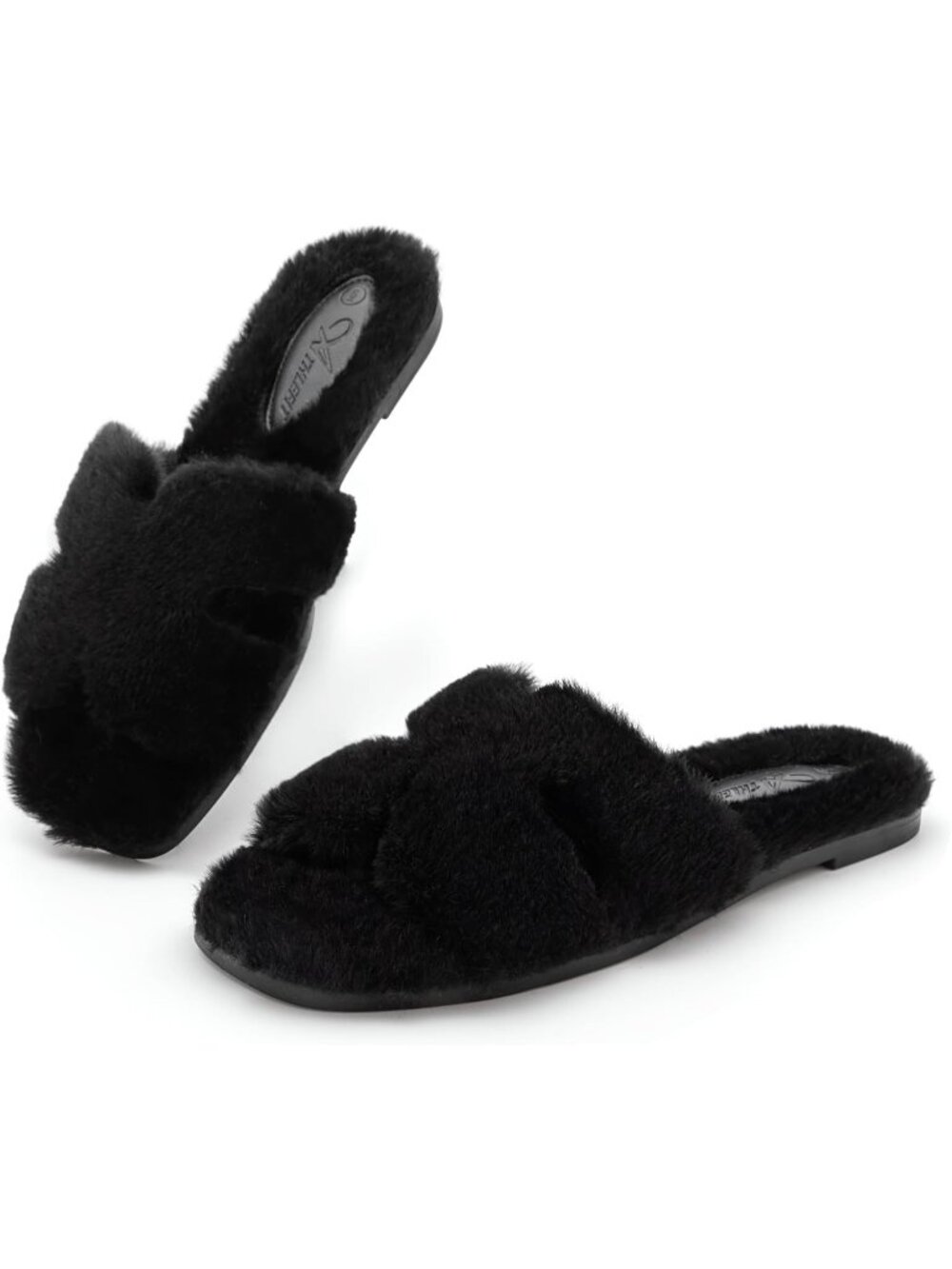 Women's Black Cute Comfy Fluffy Fuzzy Faux Fur Open Toe Slip On Indoor Slippers